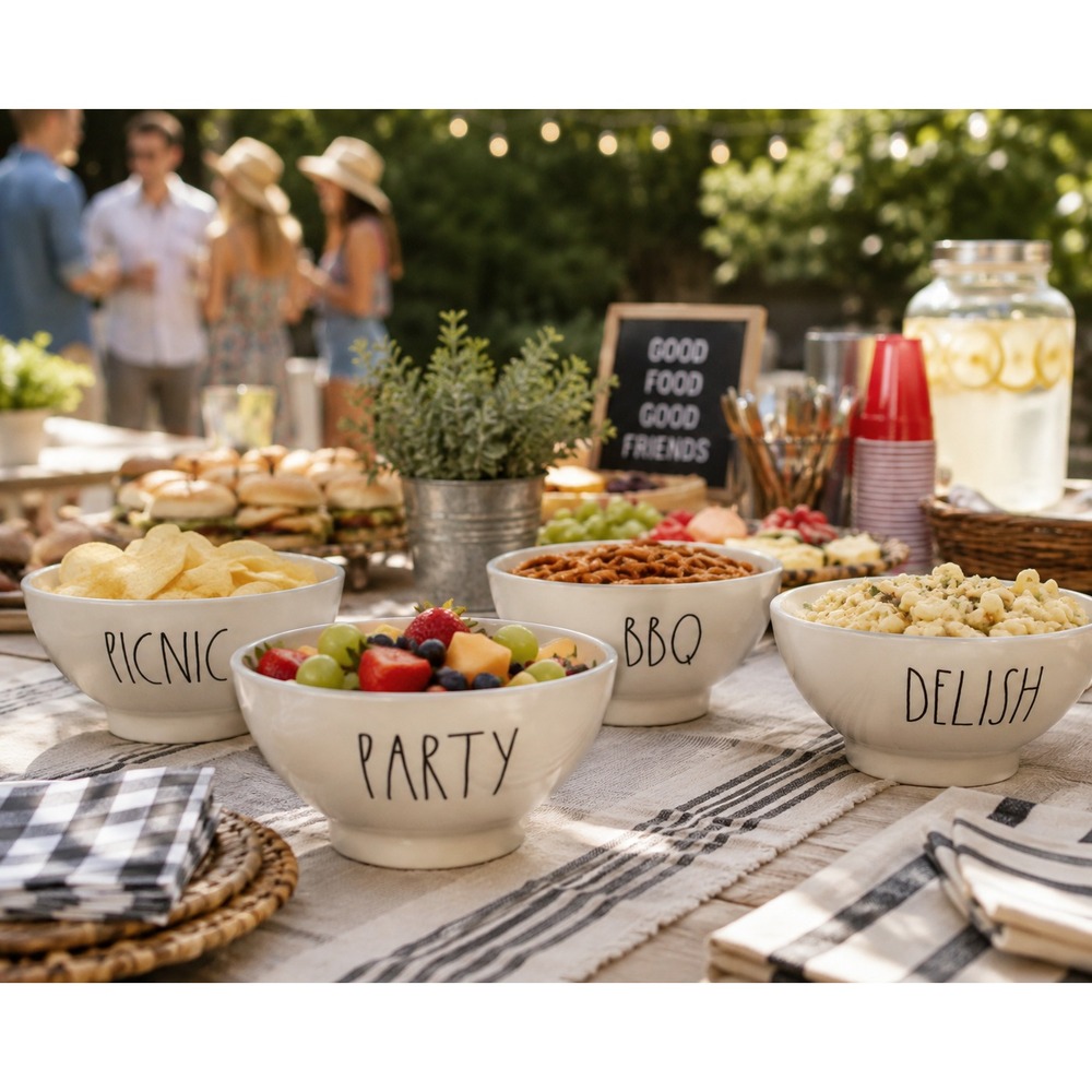 Rae Dunn Retired Melamine Bowls Set 4 Picnic Party BBQ Delish Outdoor 5.5"